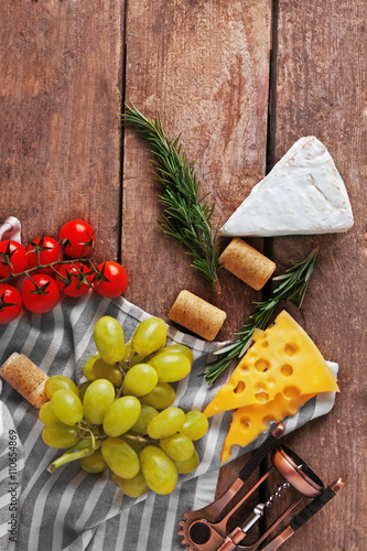 Different various of cheese and snacks, flat lay
