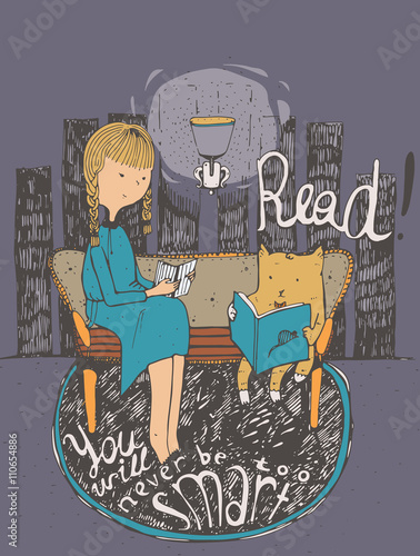 Read. You will never be too smart. Motivational educative quote about books and education, with girl and cat reading together. Vector colorful illustration on purple background, hand drawn lettering
