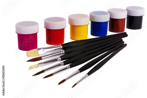 Paints and brushes.