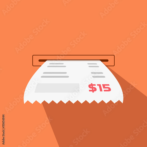Paper receipt vector illustration from cash machine slot, invoice flat icon, cheque long shadow, bill design isolated on orange background