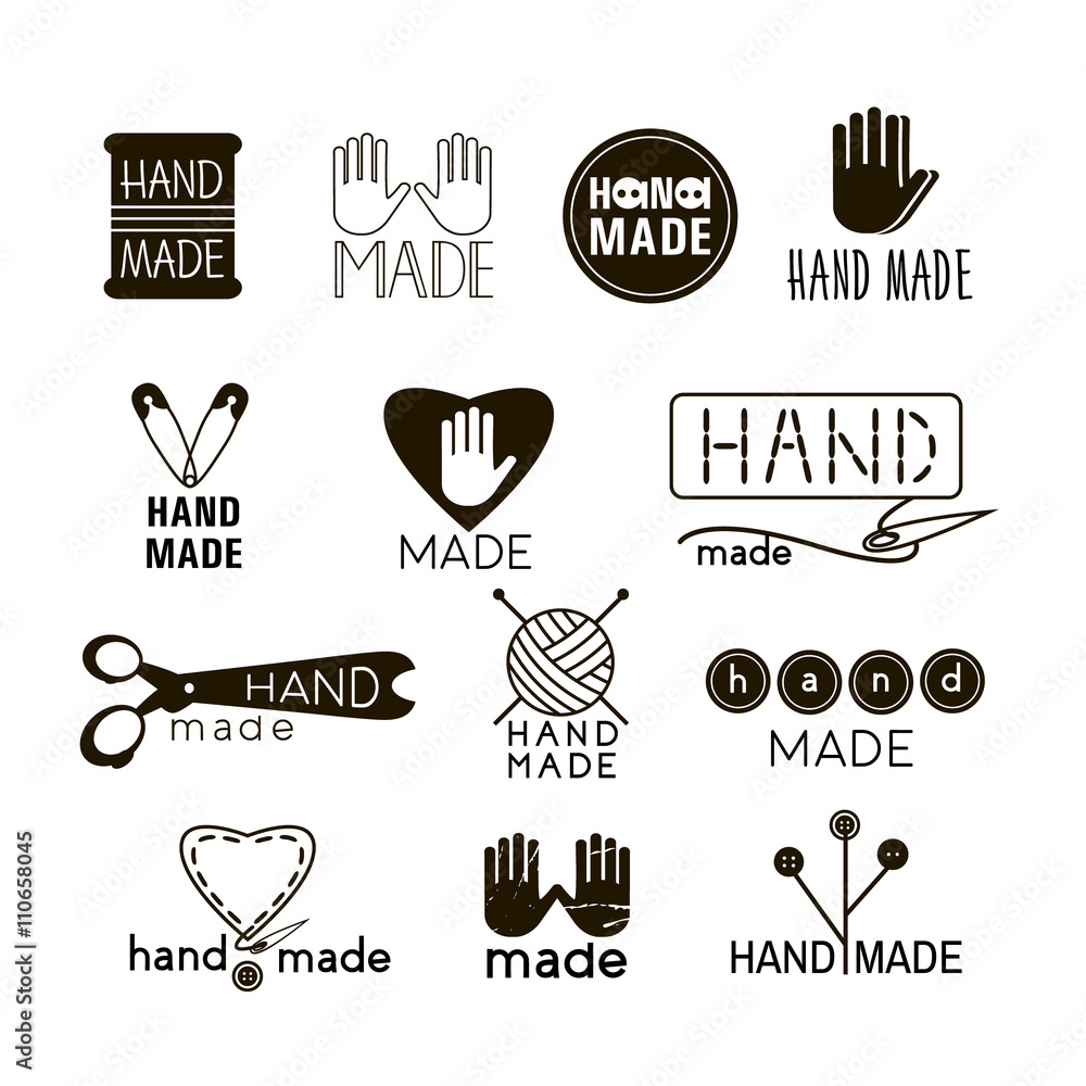 Vettoriale Stock Handmade black and thin line icons isolated on white. Set  of hand made labels, badges and logos for design. Handmade workshop logo  set. Vector illustration | Adobe Stock