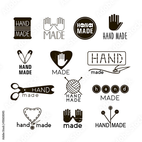 Handmade black and thin line icons isolated on white. Set of hand made  labels, badges and logos for design. Handmade workshop logo set. Vector  illustration Stock Vector