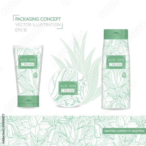 Packing concept with aloe vera. Three realistic cosmetic tube and jar with ready design. Seamless pattern for design in swatches. Vector Illustration