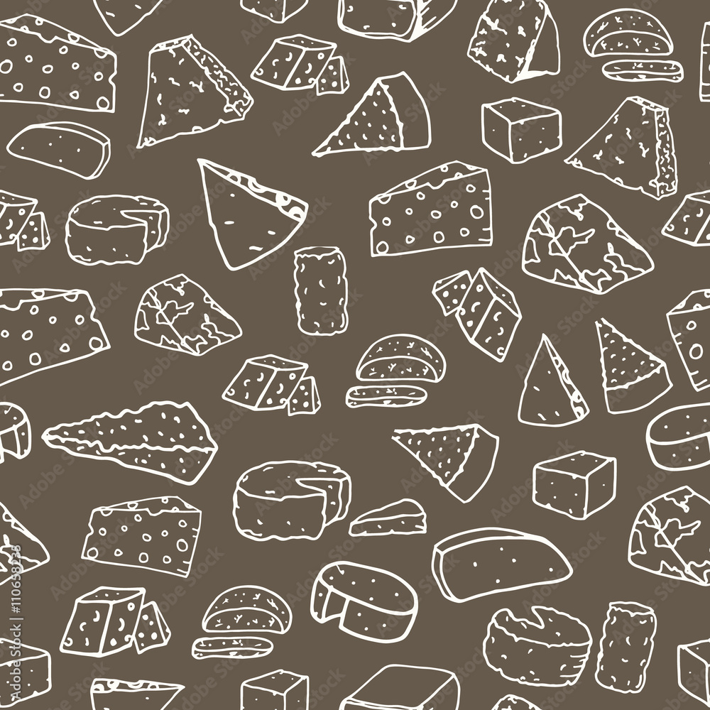 Cheese pattern. Seamless background with hand drawn different cheese. Vector illustration