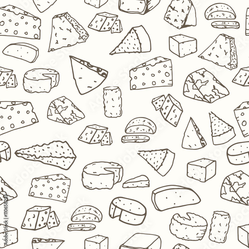 Cheese pattern. Seamless background with hand drawn different cheese. Vector illustration
