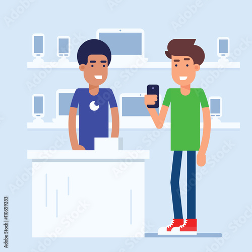 The mobile phone store with customer and sales manager discussing the latest smart phone model. Both standing near the modern cash desk. Vector flat illustration, perfect for gadget retail concept.
