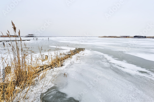 Fototapeta Naklejka Na Ścianę i Meble -  Schilf und Bootssteg am Neusiedlersee im Winter mit Eis und Schn