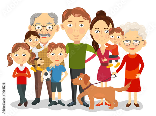 Big and happy family portrait with children, parents, grandparents vector illustration