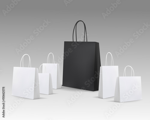 Empty Shopping Bag White and Black Set for advertising and branding. MockUp Package. Vector Illustration.