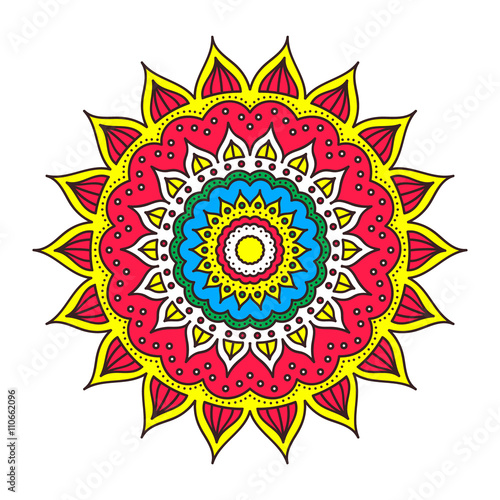 Doodle mandala. Vector ethnic floral mandala with hand drawn doodle ornament. Tribal amulet. Isolated. Yellow, blue, white, red and green colors. Isolated.