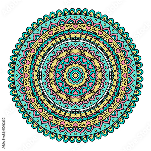 Vector hand drawn doodle mandala with hearts. Ethnic mandala with colorful ornament. Isolated. Pink, white, yellow, blue and green colors.