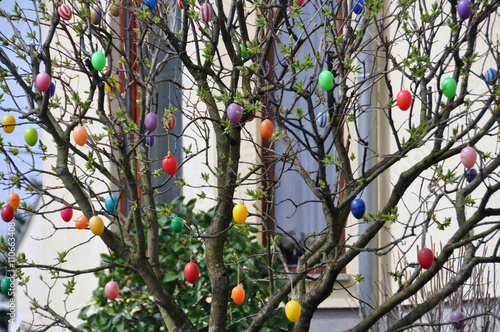 Tree decorated with colorful plastic eggs for Easter.