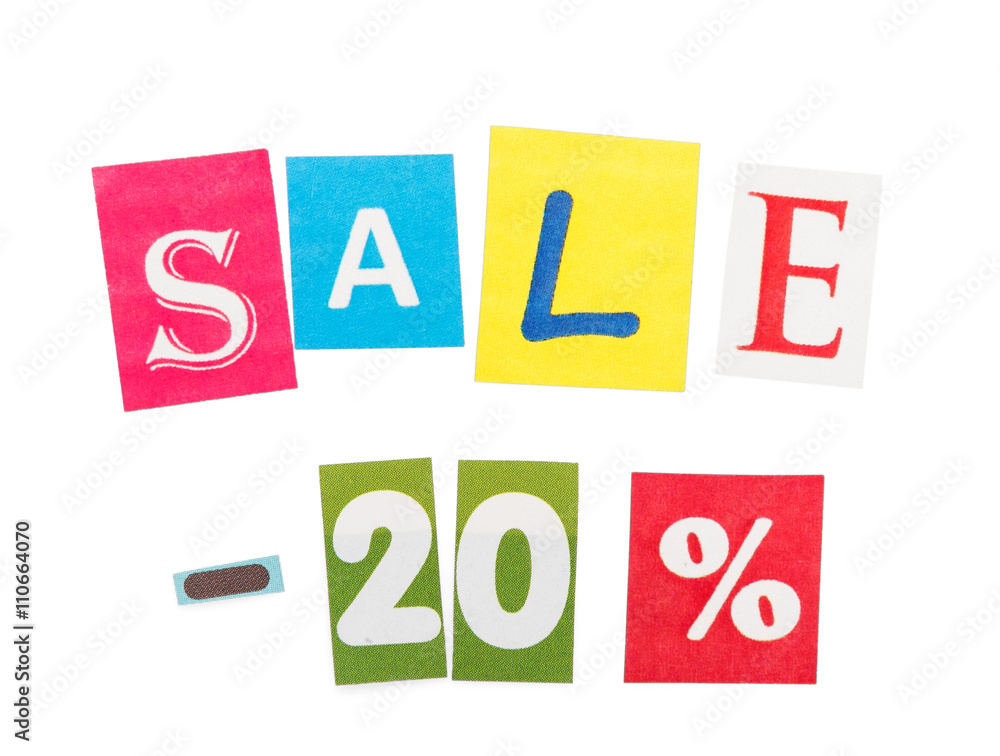 Inscription Sale - 20 made of colorful letters isolated on white . Inscription Sale - 20 made of colorful letters isolated on white .