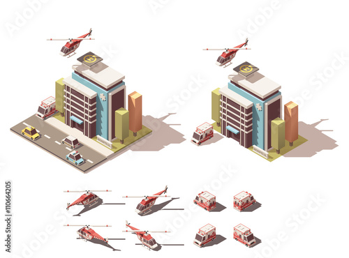Vector isometric hospital with ambulance van and helicopter icon