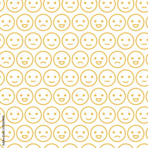 Cute yellow smiley faces, emotions seamless pattern background. Different facial expressions.