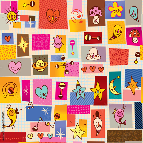 cartoon characters collage seamless pattern