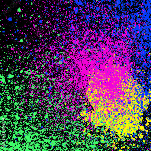 Colorful acrylic paint splatter shiny, blob on black background. Neon glowing spray stains abstract background, vector illustration.