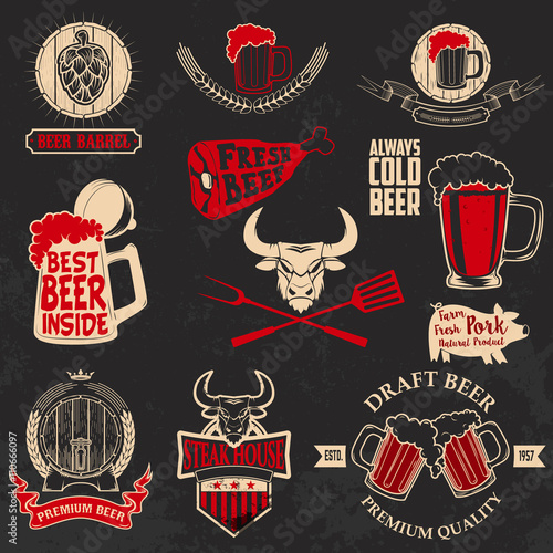 beer and steak  labels on grunge background. Design elements for