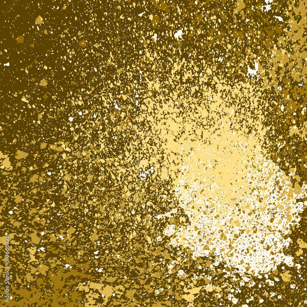 Vector gold paint splash, splatter, and blob shiny on golden background. Glowing spray stains abstract background, vector illustration.