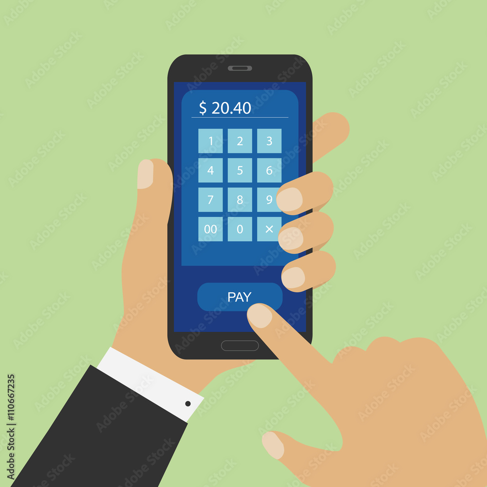 Smartphone with processing of mobile payments from credit card. Payment of goods via your smartphone with card. Vector illustration Smartphone with processing of mobile payments from credit card. Payment of goods via your smartphone with card. Vector illustration