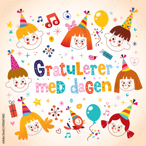 Gratulerer med dagen Happy Birthday in Norwegian kids greeting card