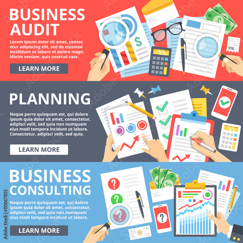 Business audit, planning, business consulting flat illustration set