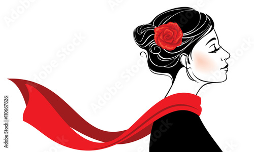 Vector illustration. Beautiful romantic woman with rose in her hair and red scarf flying on the wind. Isolated on white background