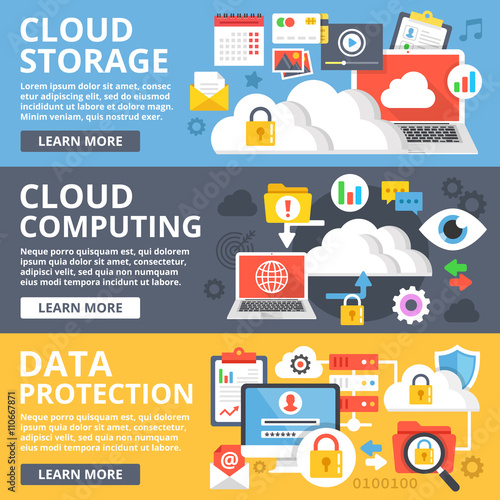 Cloud storage, cloud computing, data protection flat design illustration set. Modern vector illustration