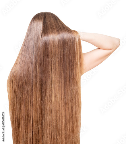 Well-groomed, shiny, long hair flowing back girl isolated.