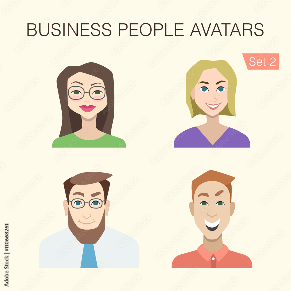 Set 2 of business people avatars with cute cartoon men and women characters. Set 2 of business people avatars with cute cartoon men and women characters.