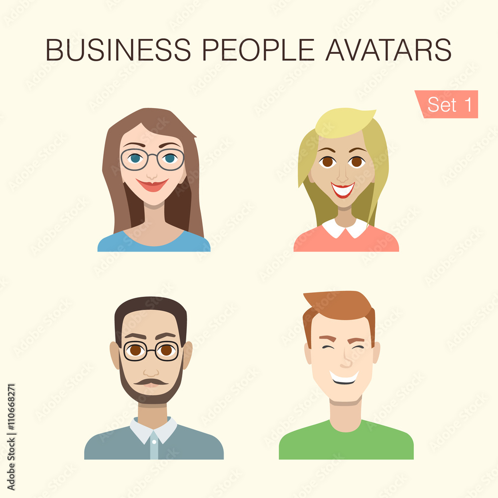 Set 1 of business people avatars with cute cartoon men and women characters. Set 1 of business people avatars with cute cartoon men and women characters.