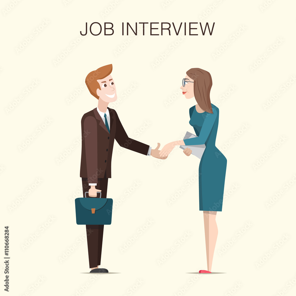 Job interview illustration with cartoon business man and woman characters. Job interview illustration with cartoon business man and woman characters.