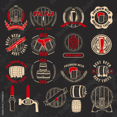 Set of beer labels design elements on grunge background. Design