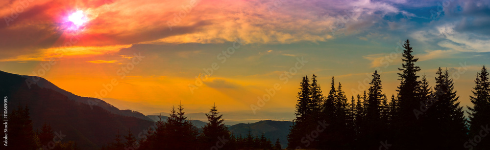 God rays on sunset mountains silhouette - A play of colors at sunset in the mountains - Fagaras mountains, Sibiu county, Romania, Barcaciu cottage area, 1550m, 6frame.
