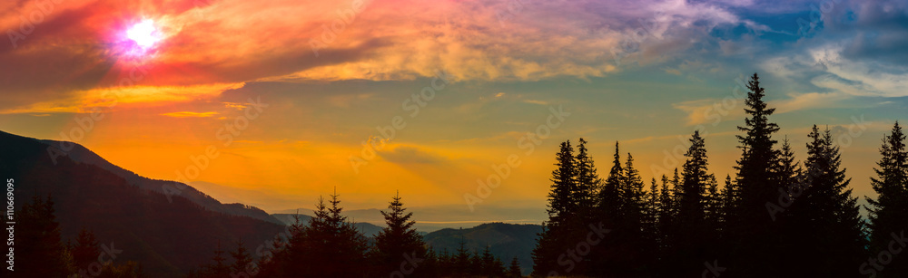 God rays on sunset mountains silhouette - A play of colors at sunset in the mountains - Fagaras mountains, Sibiu county, Romania, Barcaciu cottage area, 1550m, 6frame. God rays on sunset mountains silhouette - A play of colors at sunset in the mountains - Fagaras mountains, Sibiu county, Romania, Barcaciu cottage area, 1550m, 6frame.