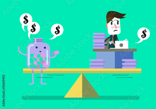 Man working hard compare with pill bottle (medical fee). vector