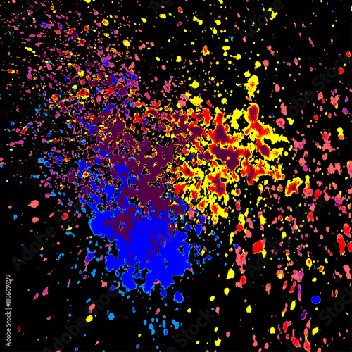 Colorful acrylic paint splatter shiny, blob on black background. Neon glowing spray stains abstract background, vector illustration.