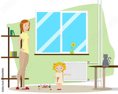 Mother is angry at her daughter because she broke the vase, but the daughter blames cat. Vector illustration