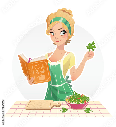 Beautiful girl cook food with cookbook