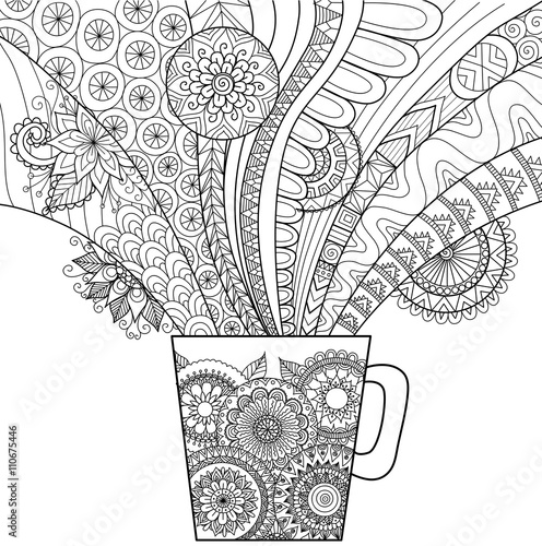 Line art design of a mug of hot drink for coloring book for adult and other decorations