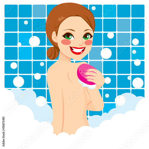 Beautiful young woman having relaxing bubble foam bath with pink sponge