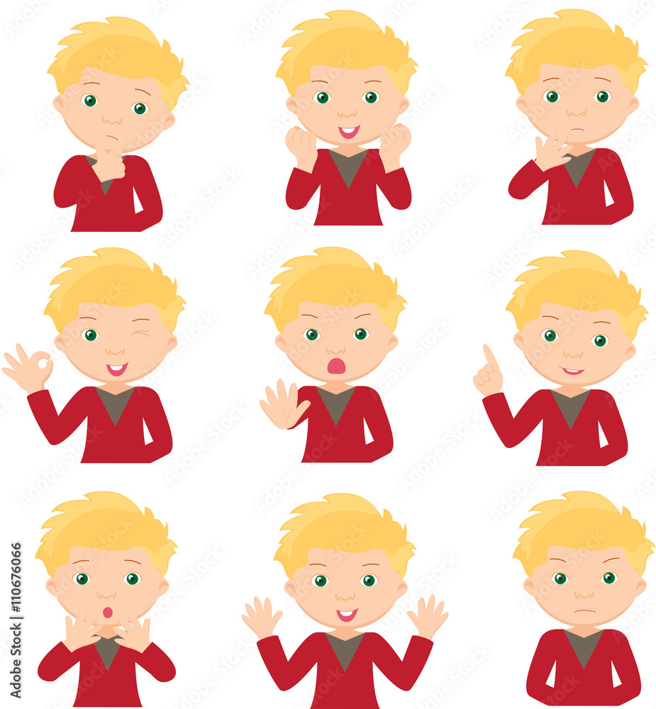 Blond boy doubts, rejoices, angry and gives advice Blond boy doubts, rejoices, angry and gives advice