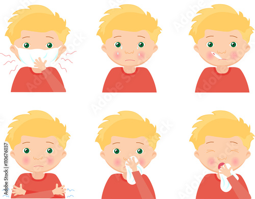Blond sick boy with flu mask, thermometer and handkerchief