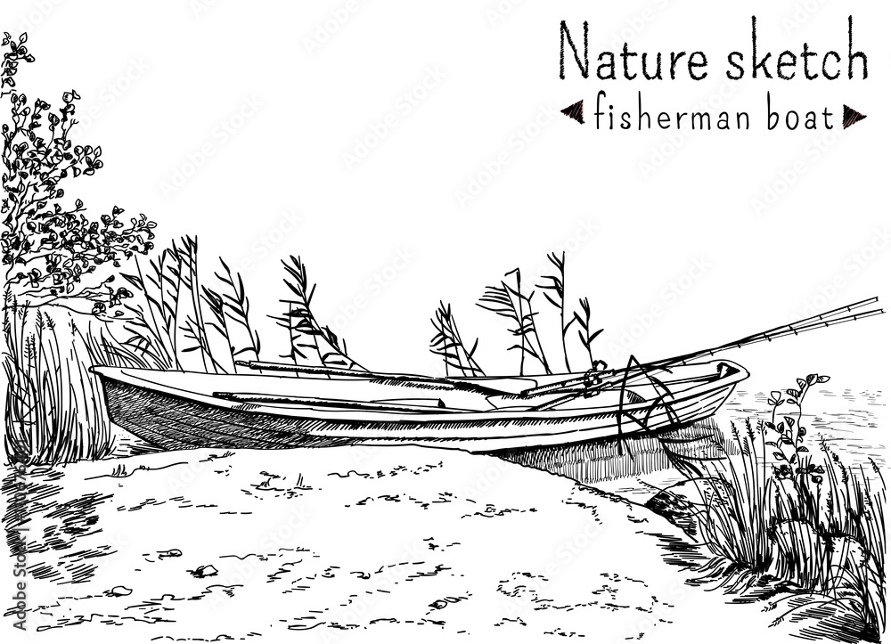 Black and white sketch of fisherman boat at a shoe of lake or