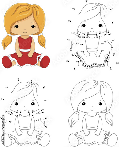 Cartoon doll in a red dress. Coloring book and dot to dot game f