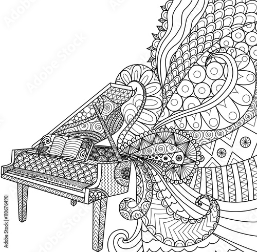 Doodles design of piano for coloring book for adult and design element - stock vector