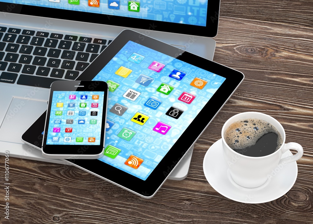 Laptop, phone, tablet pc and coffee. 3d rendering. Laptop, phone, tablet pc and coffee. 3d rendering.