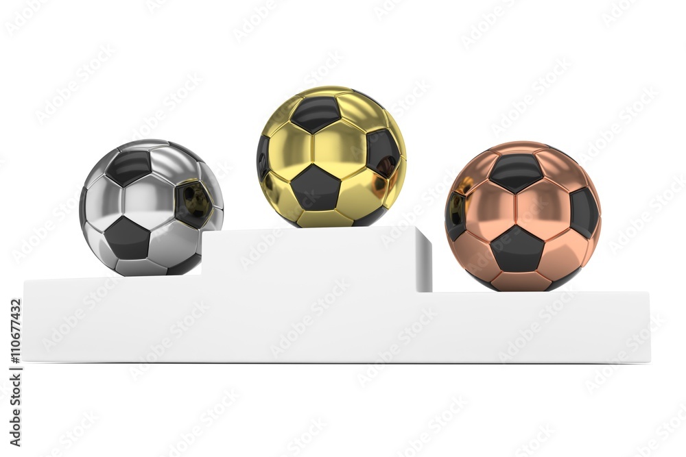 Three gloss soccer balls on white pedestal. 3D rendering. Three gloss soccer balls on white pedestal. 3D rendering.