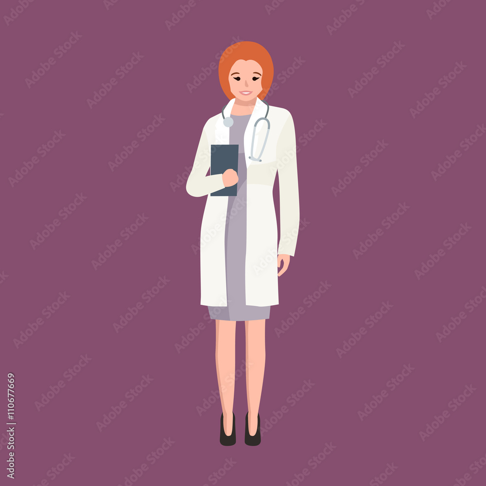 Woman doctor in white lab coat, researcher with folder