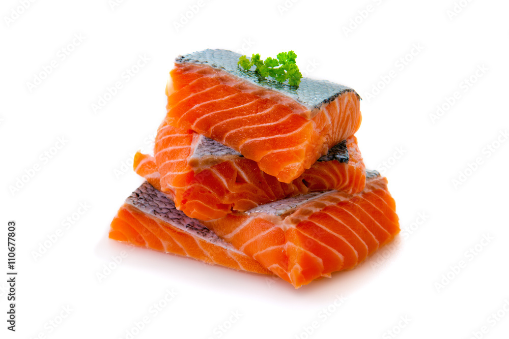 Fresh raw salmon slices isolated . Fresh raw salmon slices isolated .